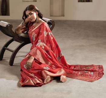 red dola silk blend saree with unstitched blouse 4