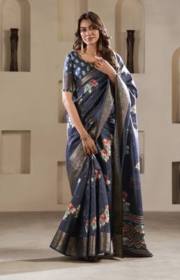 navy blue dola silk blend saree with unstitched blouse 1