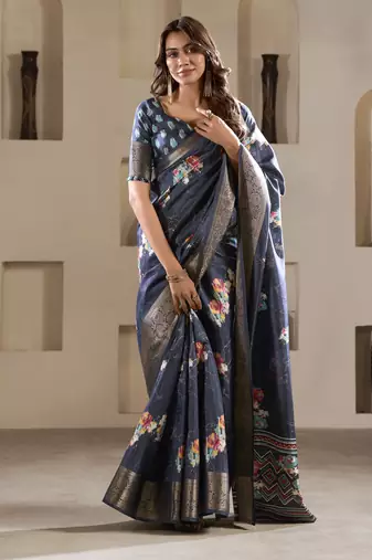 navy blue dola silk blend saree with unstitched blouse