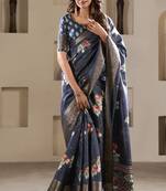 navy blue dola silk blend saree with unstitched blouse