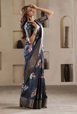 navy blue dola silk blend saree with unstitched blouse 2