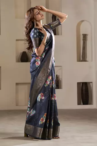 navy blue dola silk blend saree with unstitched blouse