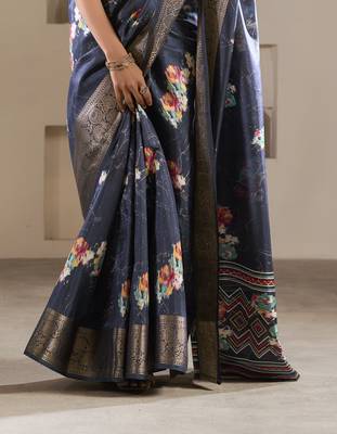 navy blue dola silk blend saree with unstitched blouse 3