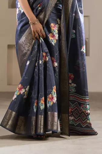 navy blue dola silk blend saree with unstitched blouse