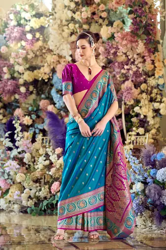teal banarasi silk blend saree with unstitched blouse
