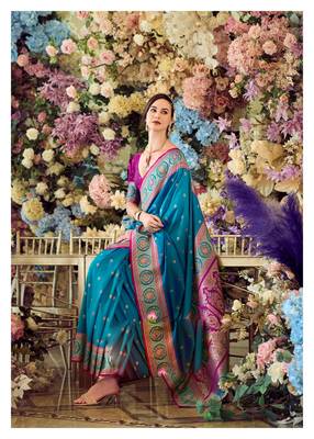 teal banarasi silk blend saree with unstitched blouse 2