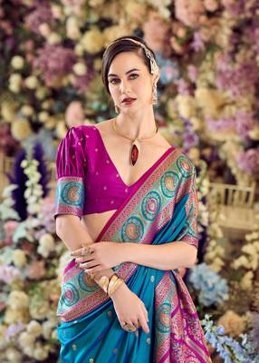 teal banarasi silk blend saree with unstitched blouse 3