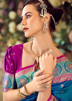 teal banarasi silk blend saree with unstitched blouse 4