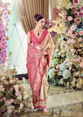 beige banarasi silk blend saree with unstitched blouse 1