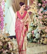 beige banarasi silk blend saree with unstitched blouse
