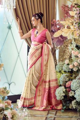 beige banarasi silk blend saree with unstitched blouse 2