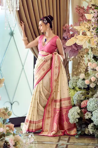 beige banarasi silk blend saree with unstitched blouse