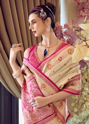 beige banarasi silk blend saree with unstitched blouse 3