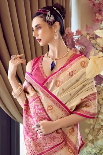 beige banarasi silk blend saree with unstitched blouse