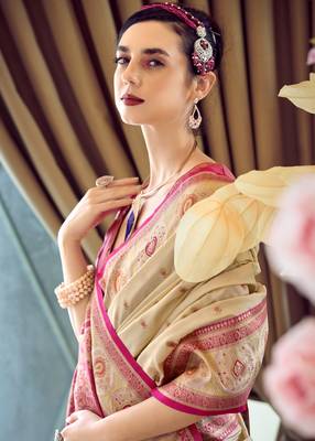 beige banarasi silk blend saree with unstitched blouse 4