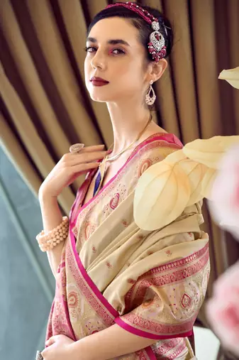 beige banarasi silk blend saree with unstitched blouse
