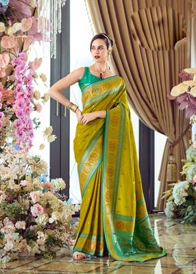 neon banarasi silk blend saree with unstitched blouse 1