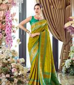 neon banarasi silk blend saree with unstitched blouse