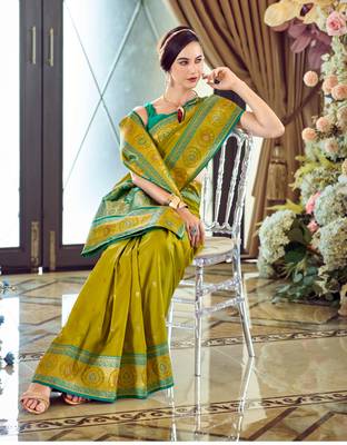 neon banarasi silk blend saree with unstitched blouse 2