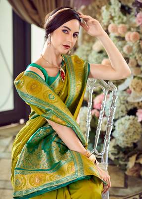 neon banarasi silk blend saree with unstitched blouse 3