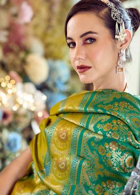 neon banarasi silk blend saree with unstitched blouse 4