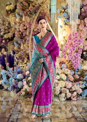 purple banarasi silk blend saree with unstitched blouse 1