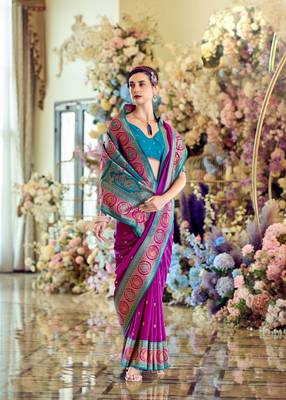 purple banarasi silk blend saree with unstitched blouse 2