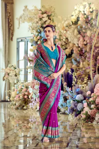 purple banarasi silk blend saree with unstitched blouse