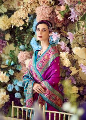 purple banarasi silk blend saree with unstitched blouse 3