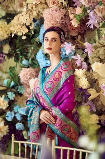 purple banarasi silk blend saree with unstitched blouse