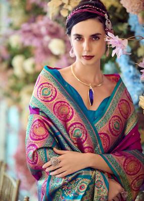 purple banarasi silk blend saree with unstitched blouse 4