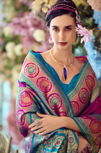 purple banarasi silk blend saree with unstitched blouse