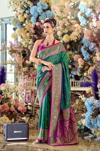 dark green banarasi silk blend saree with unstitched blouse