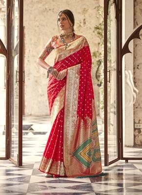 red soft silk blend saree with unstitched blouse 1