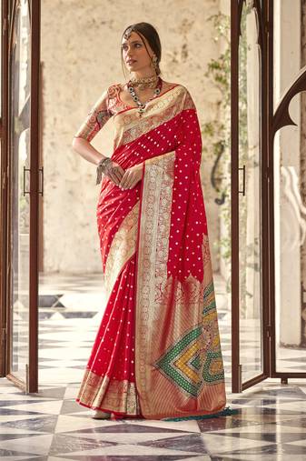 red soft silk blend saree with unstitched blouse