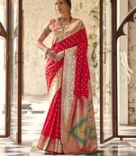 red soft silk blend saree with unstitched blouse