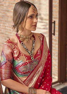 red soft silk blend saree with unstitched blouse 2