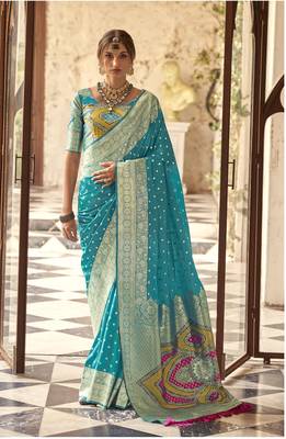 blue soft silk blend saree with unstitched blouse 1