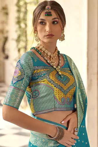 blue soft silk blend saree with unstitched blouse