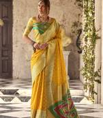 yellow soft silk blend saree with unstitched blouse