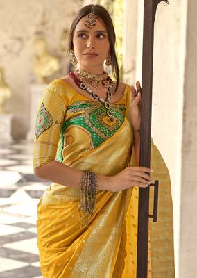 yellow soft silk blend saree with unstitched blouse 2