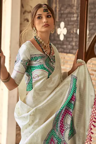 off white soft silk blend saree with unstitched blouse