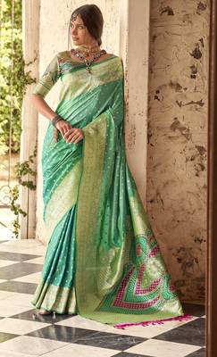 turquoise soft silk blend saree with unstitched blouse 1