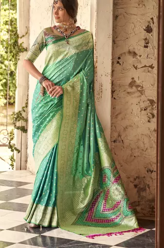 turquoise soft silk blend saree with unstitched blouse