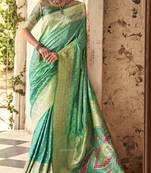 turquoise soft silk blend saree with unstitched blouse