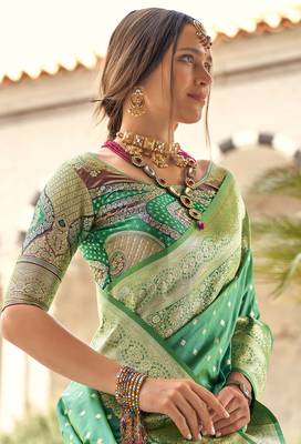 turquoise soft silk blend saree with unstitched blouse 2