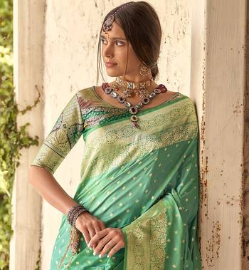 turquoise soft silk blend saree with unstitched blouse 4