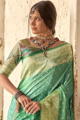 turquoise soft silk blend saree with unstitched blouse