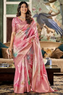 pink handloom silk blend saree with unstitched blouse 1