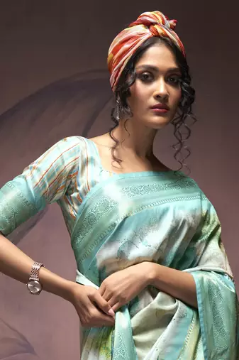 sky blue handloom silk blend saree with unstitched blouse